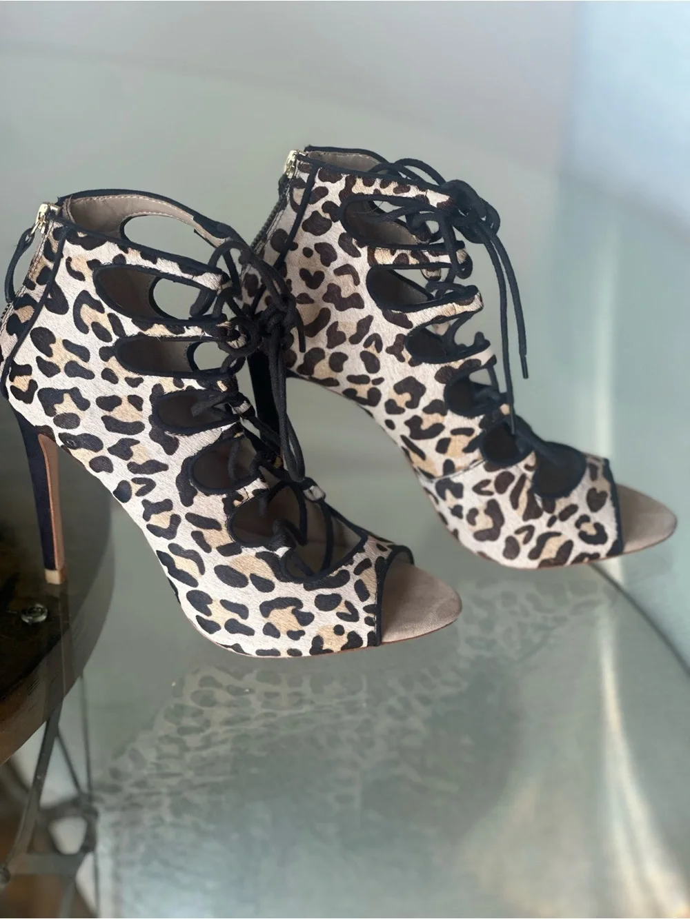 Zara calf hair leopard print Lace-Up Peep Toe Heels - Black & Beige sz 39 8US